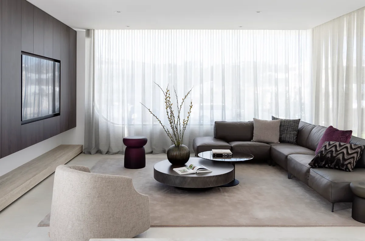 Living room interior design Marmion Perth – walnut timber and built-in joinery by Collected Interiors